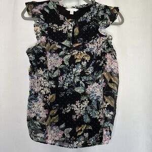 LC Lauren Conrad Medium Sleeveless Top Women‎ Sheer Lined Ruffle Black Floral